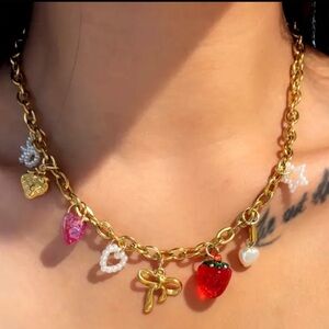 🆕 Gold Charm Pendant Necklace Red Pink Valentines Day Toile Boho Strawberry